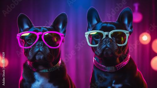 Two Cool black dogs in a colofful glasses. Beautiful poster, close up portrait. Neon lights background, blue, pink, yelliw lights bokeh. Christmas party concept. Generative AI © KatyaPulina