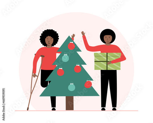 Christmas holidays, winter mood, gifts in the hands of a boy. African American man and woman, family celebrating holidays. Ready vector illustration isolated on white background