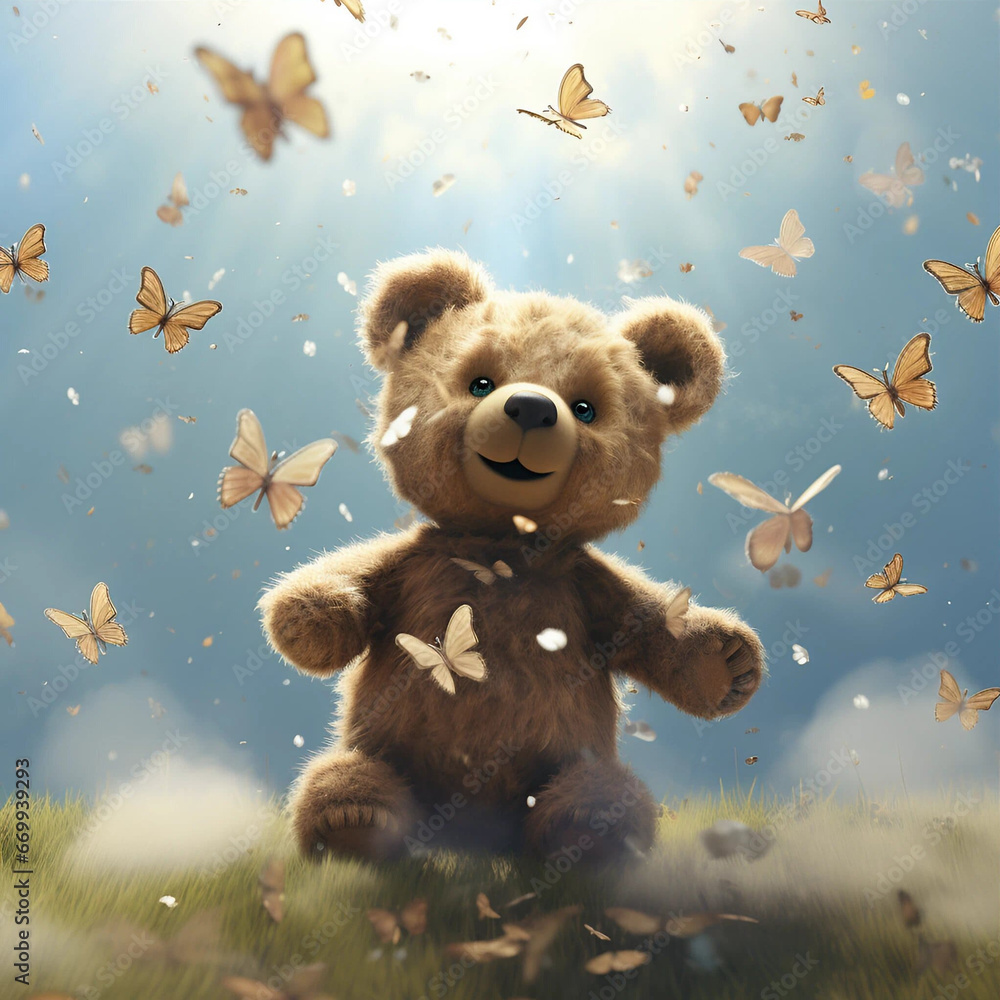 A Teddy Bear Surrounded by Butterflies in a Meadow A Teddy Bear Surrounded by Butterflies in a Meadow