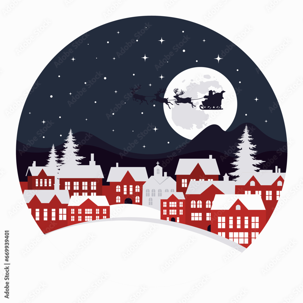 Christmas cityscape with santa claus in the sky vector illustration design