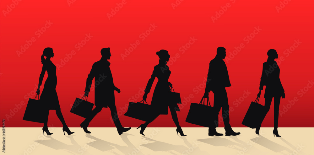 Silhouettes of women with shopping bags on a red background. Black friday background