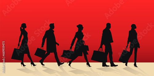 Silhouettes of women with shopping bags on a red background. Black friday background