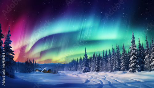 Beautiful aurora borealis over the forest in winter photo