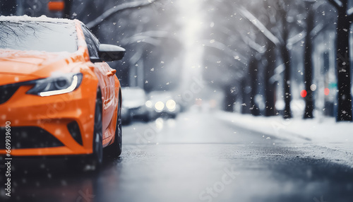 The car is on a winter road with falling snow photo