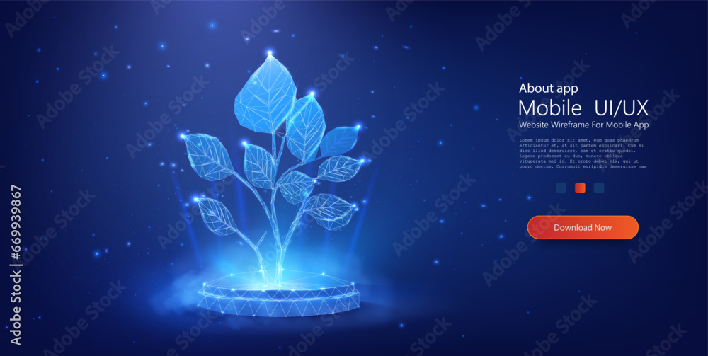 Fototapeta premium Futuristic Digital Plant with Luminescent Leaves on a Deep Cosmic Background: Nature Meets Technology in Vibrant Vector Art. Modern 3d graphic Isolated vector illustration