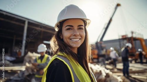 portrait of a smiling young female engineer working at a construction site. Wear a white construction safety helmet, work vest and ppe © ND STOCK