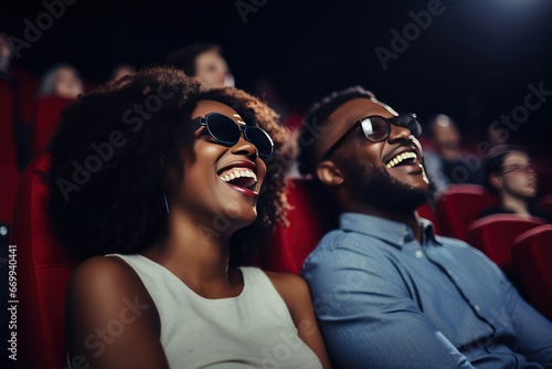 Man and woman watching movie with yummy popcorn sharing cheerful smiles on faces. African American couple in cinema. Boyfriend and girlfriend smile enjoying movie while holding hands