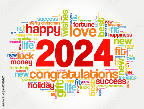 2024 year greeting word cloud collage, Happy New Year celebration greeting card