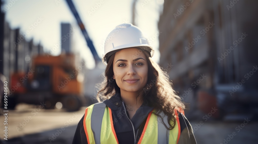 portrait of a smiling young female engineer working at a construction site. Wear a white construction safety helmet, work vest and ppe portrait of a smiling young female engineer working at a construction site. Wear a white construction safety helmet, work vest and ppe