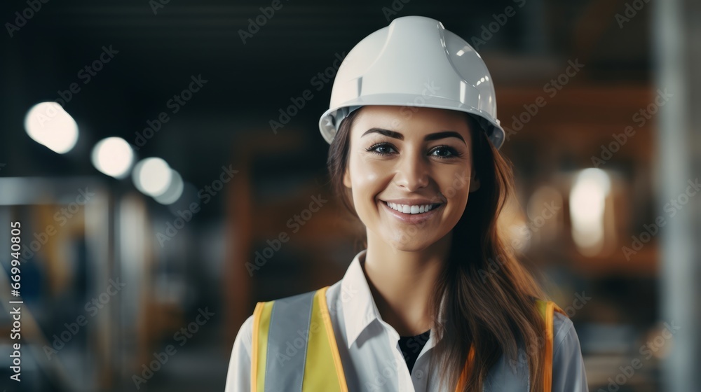 portrait of a smiling young female engineer working at a construction site. Wear a white construction safety helmet, work vest and ppe portrait of a smiling young female engineer working at a construction site. Wear a white construction safety helmet, work vest and ppe