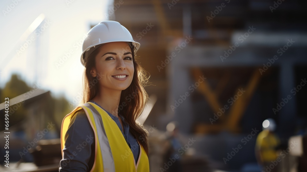 portrait of a smiling young female engineer working at a construction site. Wear a white construction safety helmet, work vest and ppe - obrazy, fototapety, plakaty 