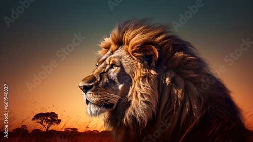 double exposure professional portrait  lion head in profile fills the frame  orange african savanna landscape seamlessly blend with head sillouette. generative AI