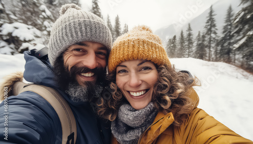 Young couple in winter clothes taking selfies against the background of the forest