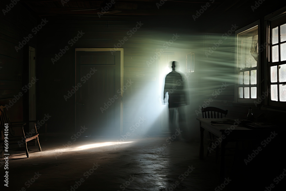 misty house with blurred person, concept of loneliness, depression, PTSD 