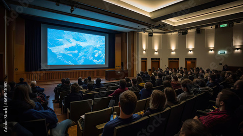 Conference in a university auditorium with a large screen on the wall photo