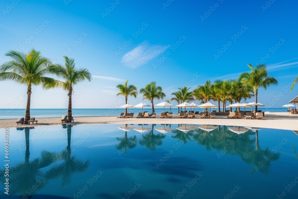 Panoramic beachside landscape with a luxurious resort, pool, beach chairs, umbrellas, palm trees, and blue sky. Ideal for summer travel and vacation. Generative AI
