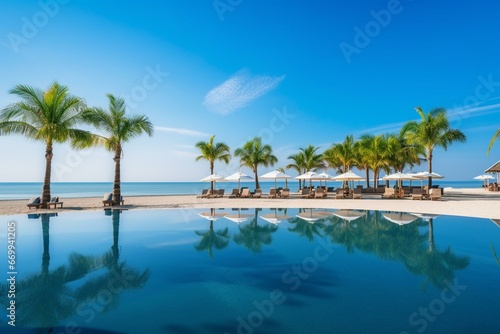 Panoramic beachside landscape with a luxurious resort, pool, beach chairs, umbrellas, palm trees, and blue sky. Ideal for summer travel and vacation. Generative AI