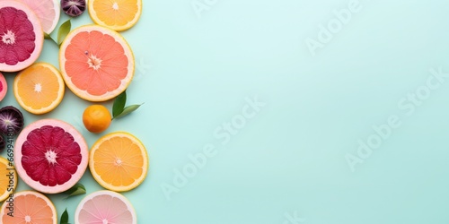 Different citrus fruits on pastel blue background. Top view  space for text  copy space. Fruit on slices.