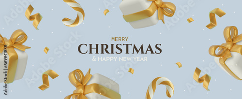Christmas background with 3d gift boxes, presents, candy canes and gold ribbons. Horizontal holiday banner design with three dimensional cute vector objects for sales, promotions and greeting cards.