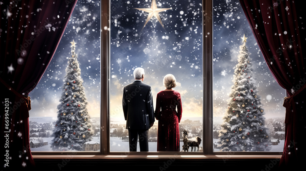 A senior couple stands by a beautifully decorated Christmas tree, surrounded by warm lights and festive ornaments. A senior couple stands by a beautifully decorated Christmas tree, surrounded by warm lights and festive ornaments.