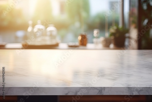 On a blurred kitchen backdrop  a marble counter table top offers a versatile canvas for presenting products or creating design concepts. Created with generative AI tools