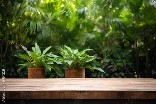 The juxtaposition of a wooden platform and a plant in the background adds to the natural ambiance. Created with generative AI tools