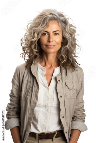 Smiling woman with curly hair portrait isolated on transparent white background