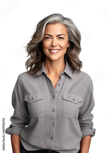 Casual smiling woman in her forties portrait isolated on transparent white background photo