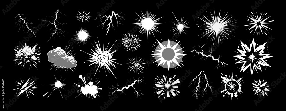Explosion, burst fire effect of exploded dynamite with energy flashes, lightning strikes and smoke clouds cartoon collection. Vector illustration - obrazy, fototapety, plakaty 