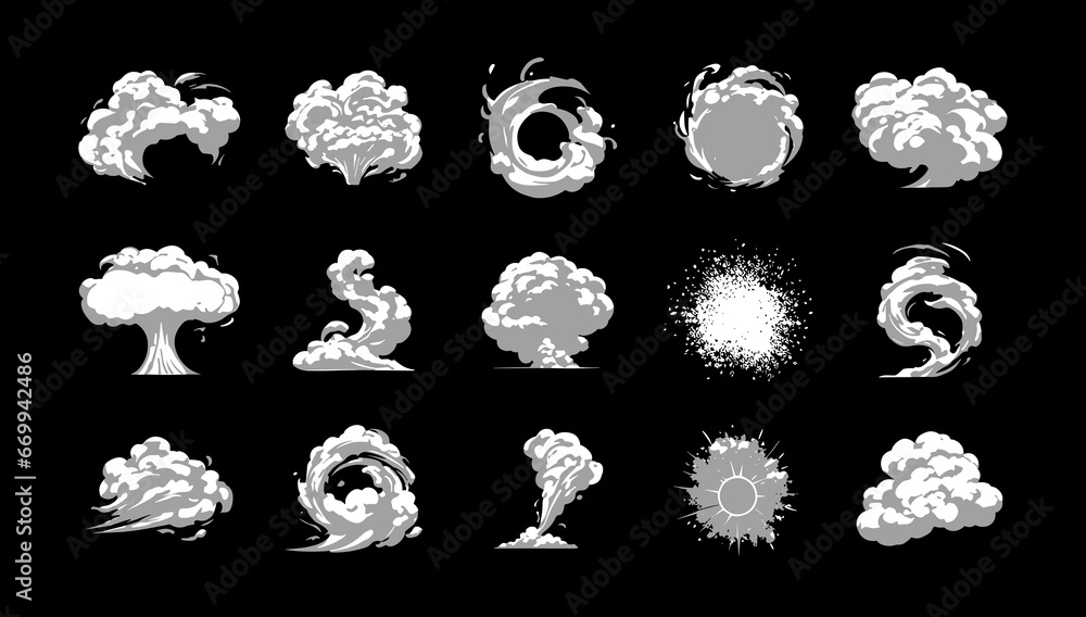 Explosion, burst fire effect of exploded dynamite with energy flashes, and smoke clouds cartoon collection. Vector illustration - obrazy, fototapety, plakaty 