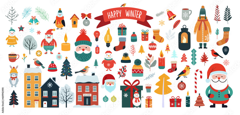 Winter holiday collection of Christmas design elements. Gifts, decorations, trees, animals, Santa characters, cozy winter wear, houses. Colorful Vector illustration