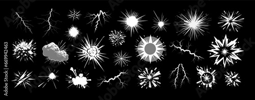 Explosion, burst fire effect of exploded dynamite with energy flashes, lightning strikes and smoke clouds cartoon collection. Vector illustration