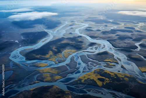 Aerial view of the river and clouds in the blue sky.