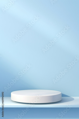 Abstract white cylinder pedestal podium display on blue background. Product presentation  mock up  show natural cosmetic product