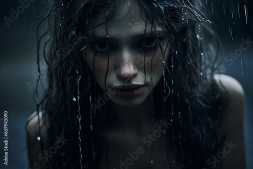 Portrait of a beautiful girl with wet hair and wet face.
