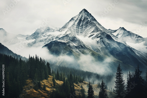 Mountain landscape with fog and mist in the morning. Nature background