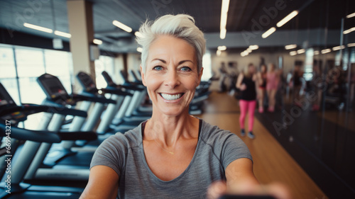 mature woman taking selfie portrait at a gym