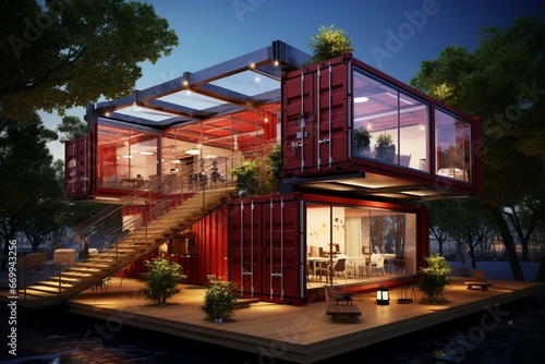 Concept: sustainable container box transformed into versatile spaces like restaurant, office, or house. Generative AI
