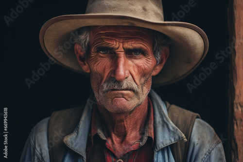 Portrait of an old farmer with a hat in the countryside.