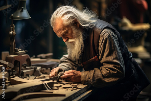 Old craftsman working in his workshop. Elderly craftsman at work.