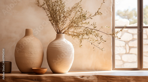 Mediterranean home design textured vase with olive tree branches on wooden table living room still life copy space wall interior design