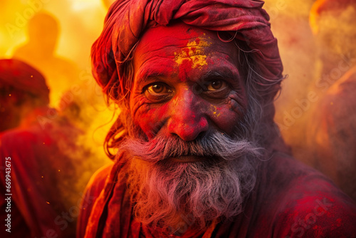 Portrait of a sadhu on holi festival, India photo