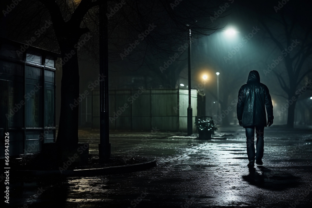 A man in a raincoat with a hood on his head walks along the street at night.