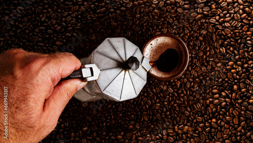 Εκτύπωση καμβά cafetera géiser, taza y granos de café