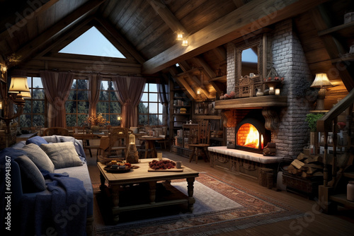 living room in the attic with a fireplace