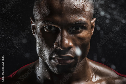 Portrait of a muscular african american man under rain on black background