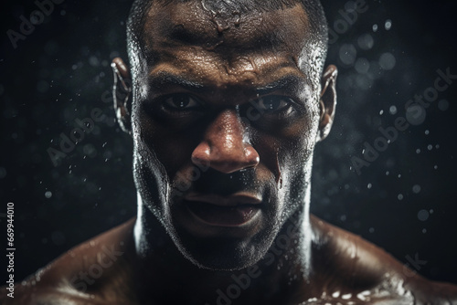 Portrait of a muscular black man against a black background with raindrops © pavlofox