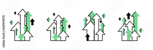 Up arrows. A set with a large number of objects. Moving forward, career advancement, rising prices. Vector image isolated on a white background