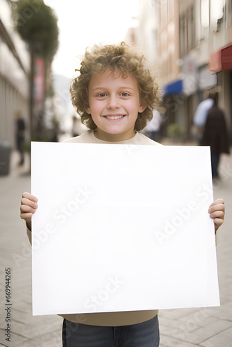 Blond smiling boy child holding a blank sign