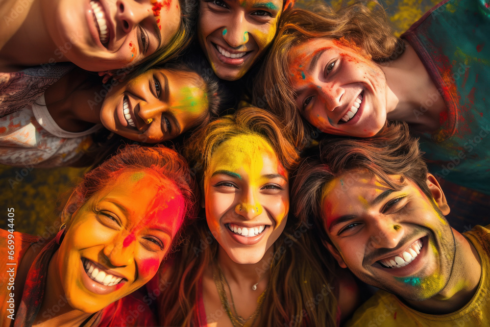 Young Indian friends group celebrating Holi festival Young Indian friends group celebrating Holi festival
